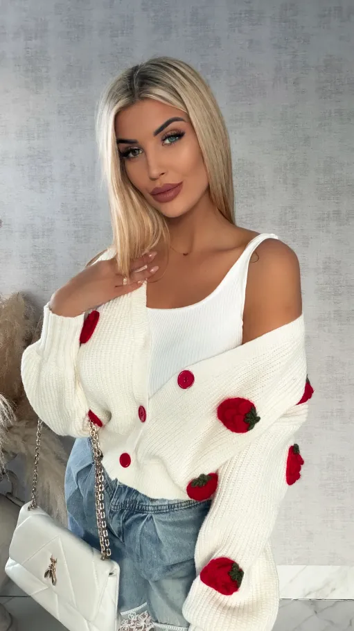 Wiosenny sweter ecru w MALINY zapinany na guziki ONE SIZE - R411A