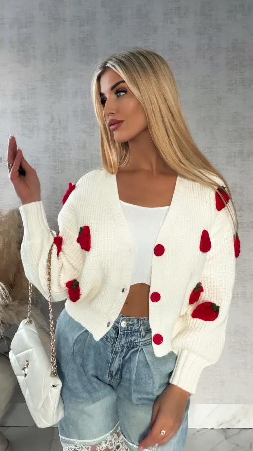 Wiosenny sweter ecru w MALINY zapinany na guziki ONE SIZE - R411A