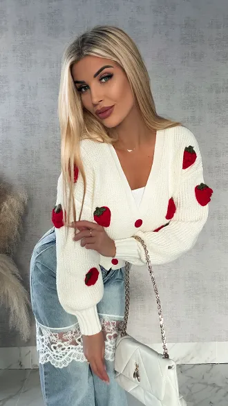 Wiosenny sweter ecru w MALINY zapinany na guziki ONE SIZE - R411A