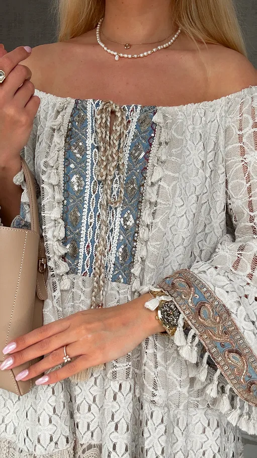 Modna beżowa BOHO sukienka z niebieskimi dodatkami ONE SIZE - P689a