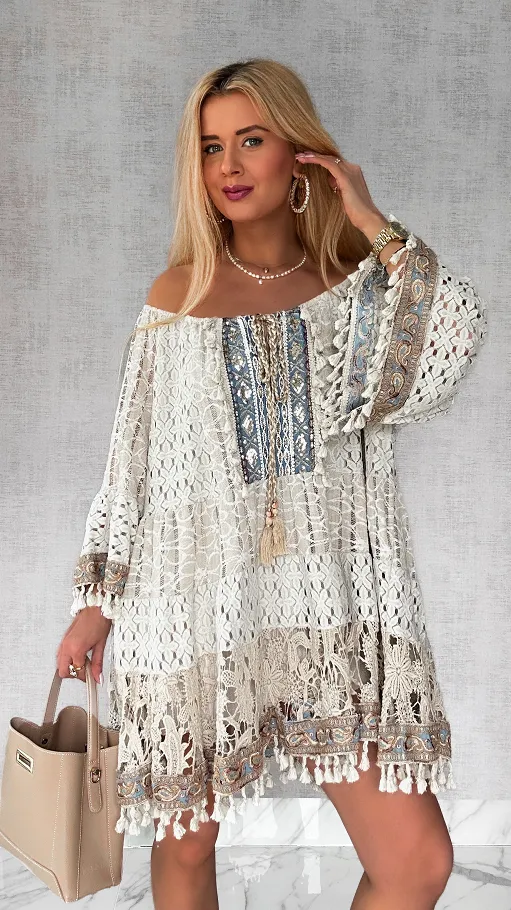 Modna beżowa BOHO sukienka z niebieskimi dodatkami ONE SIZE - P689a