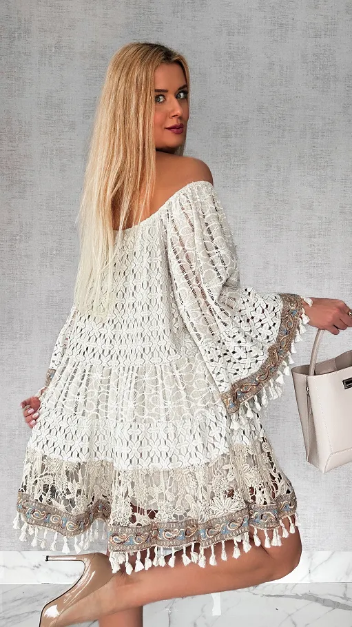 Modna beżowa BOHO sukienka z niebieskimi dodatkami ONE SIZE - P689a