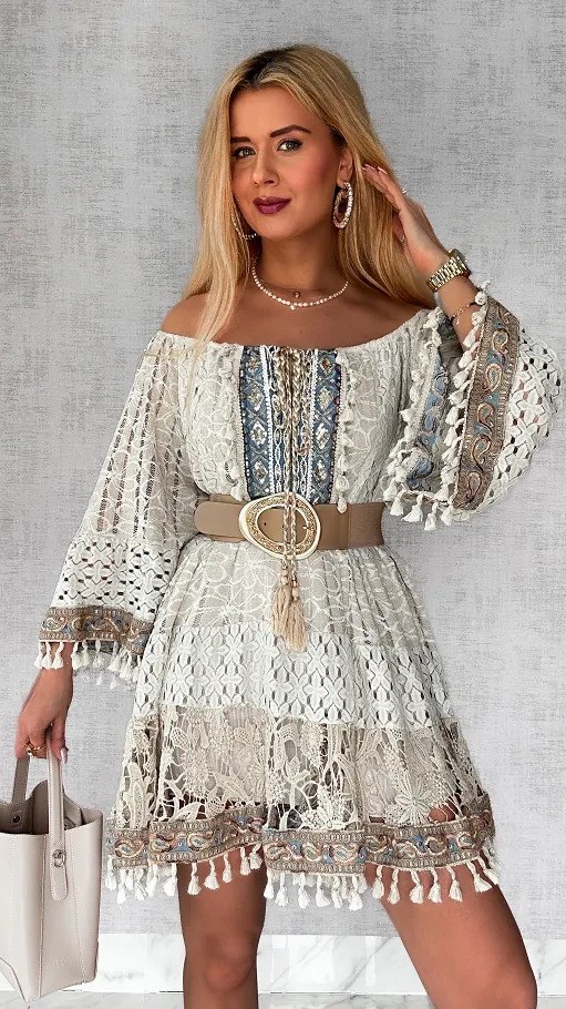 Modna beżowa BOHO sukienka z niebieskimi dodatkami ONE SIZE - P689a