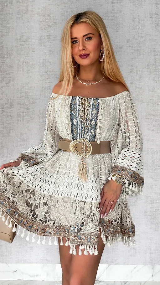 Modna beżowa BOHO sukienka z niebieskimi dodatkami ONE SIZE - P689a