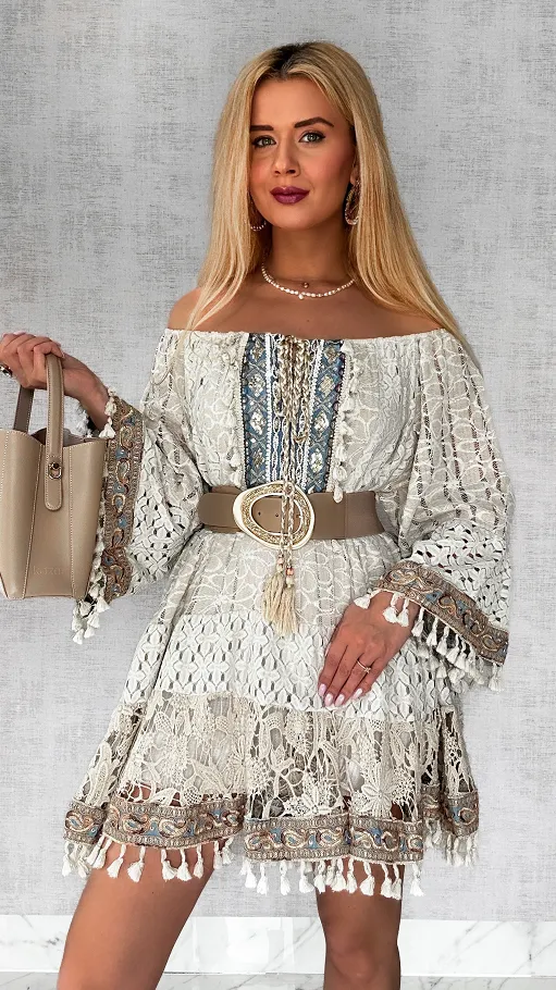 Modna beżowa BOHO sukienka z niebieskimi dodatkami ONE SIZE - P689a