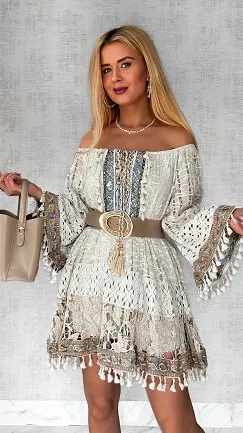 Modna beżowa BOHO sukienka z niebieskimi dodatkami ONE SIZE - P689a