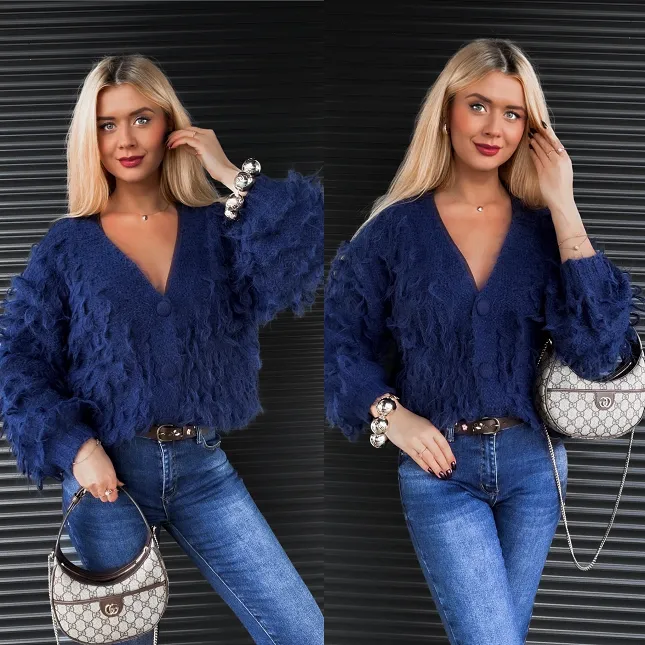 Granatowy sweter w drapanym stylu zapinany na guziki ONE SIZE - R318