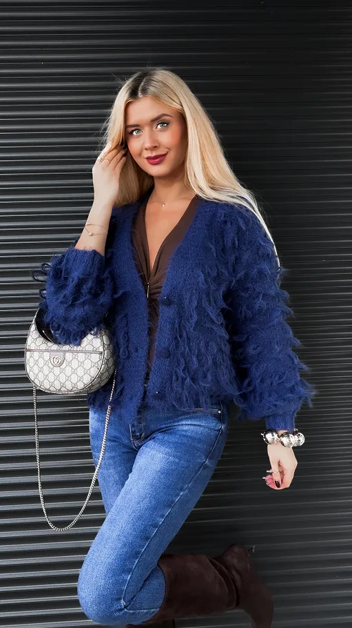 Granatowy sweter w drapanym stylu zapinany na guziki ONE SIZE - R318