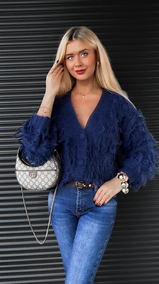 Granatowy sweter w drapanym stylu zapinany na guziki ONE SIZE - R318