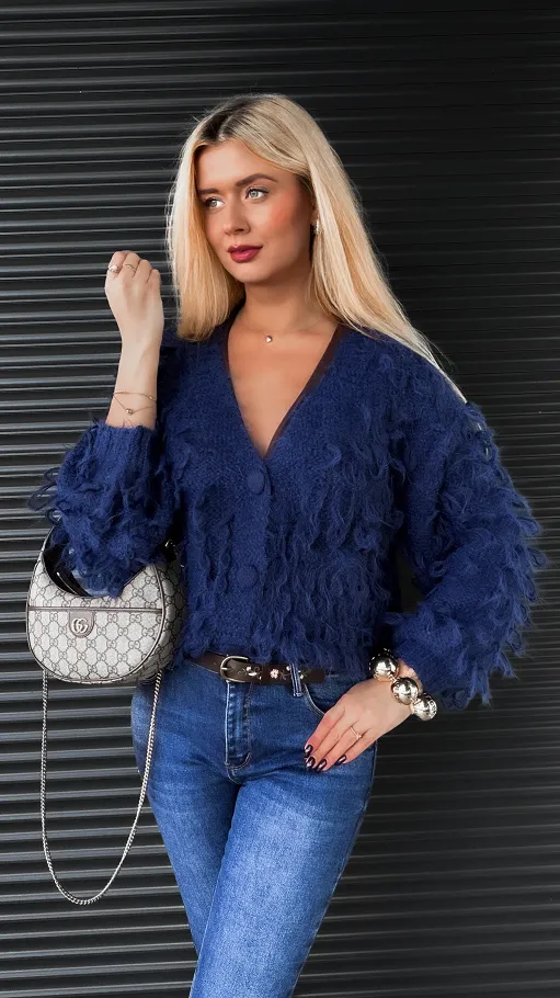 Granatowy sweter w drapanym stylu zapinany na guziki ONE SIZE - R318