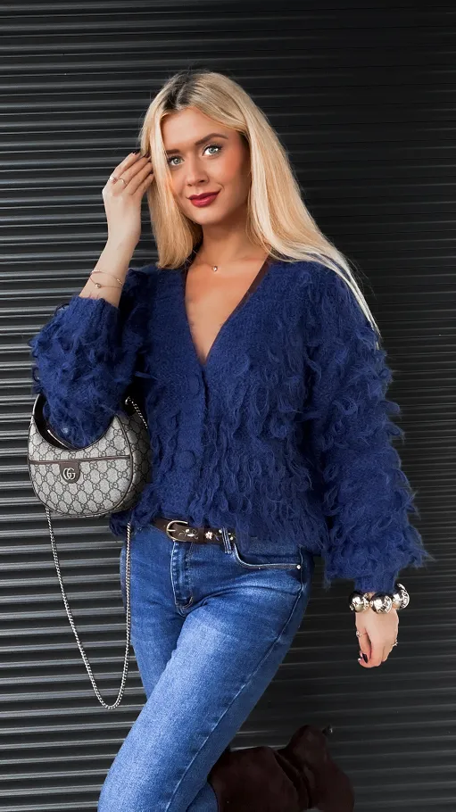 Granatowy sweter w drapanym stylu zapinany na guziki ONE SIZE - R318
