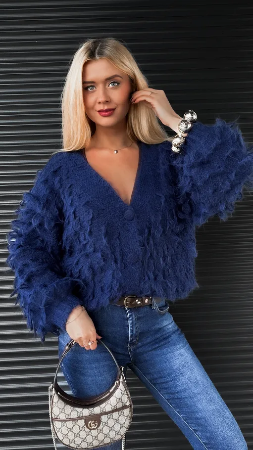 Granatowy sweter w drapanym stylu zapinany na guziki ONE SIZE - R318