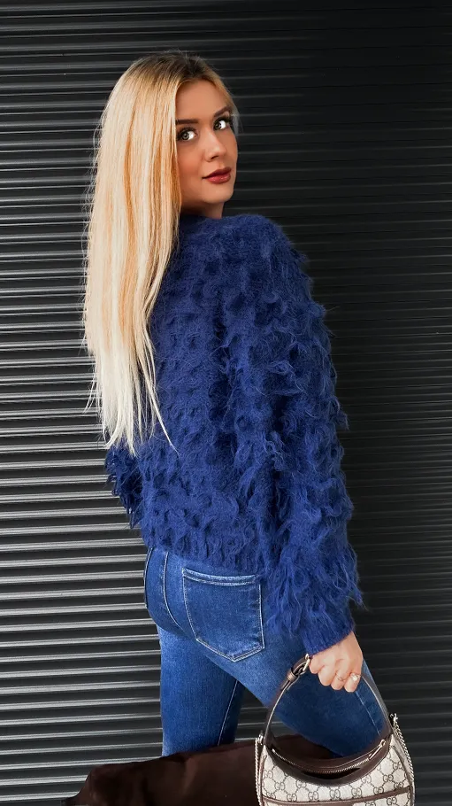 Granatowy sweter w drapanym stylu zapinany na guziki ONE SIZE - R318