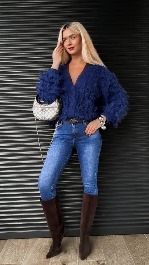 Granatowy sweter w drapanym stylu zapinany na guziki ONE SIZE - R318