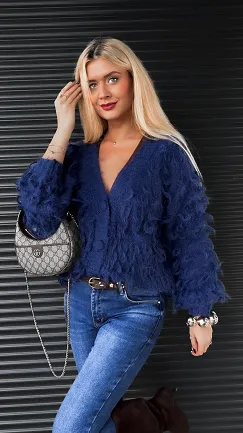 Granatowy sweter w drapanym stylu zapinany na guziki ONE SIZE - R318