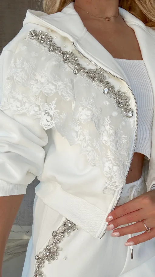 Bawełniany BIAŁY komplet dresowy zdobiony srebrnymi dodatkami - P168A