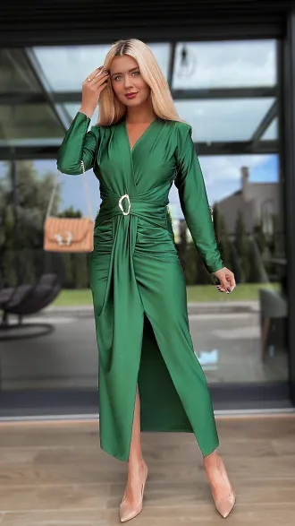 Elegancka długa sukienka z modnym rozcięciem ZIELONA - R128B