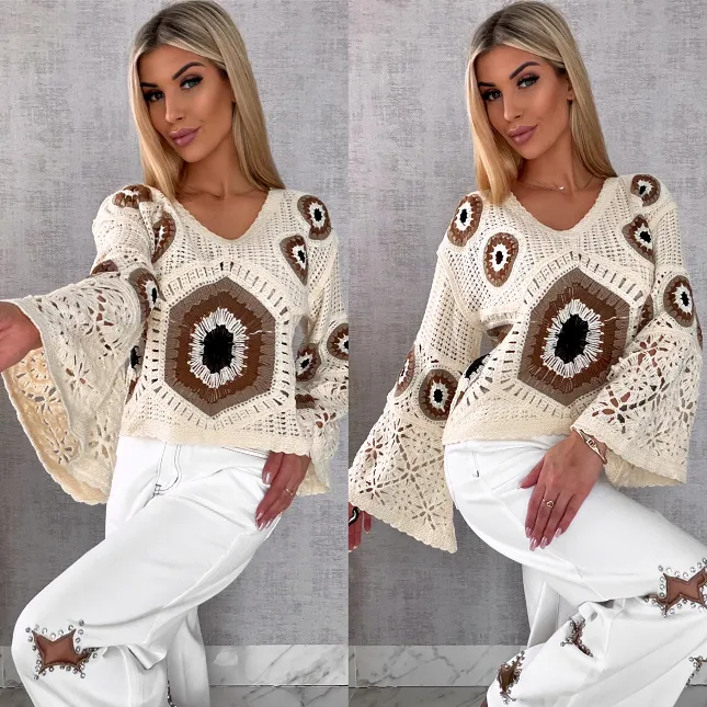 Mega modny ażurowy sweterek w szydełkowym stylu BEŻOWE odcienie - R659A