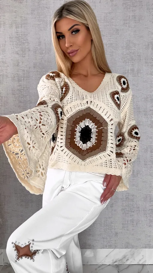 Mega modny ażurowy sweterek w szydełkowym stylu BEŻOWE odcienie - R659A