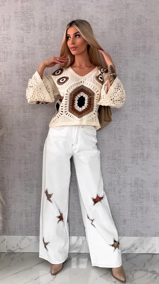 Mega modny ażurowy sweterek w szydełkowym stylu BEŻOWE odcienie - R659A