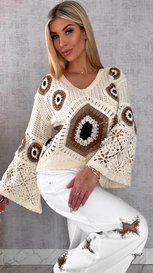 Mega modny ażurowy sweterek w szydełkowym stylu BEŻOWE odcienie - R659A