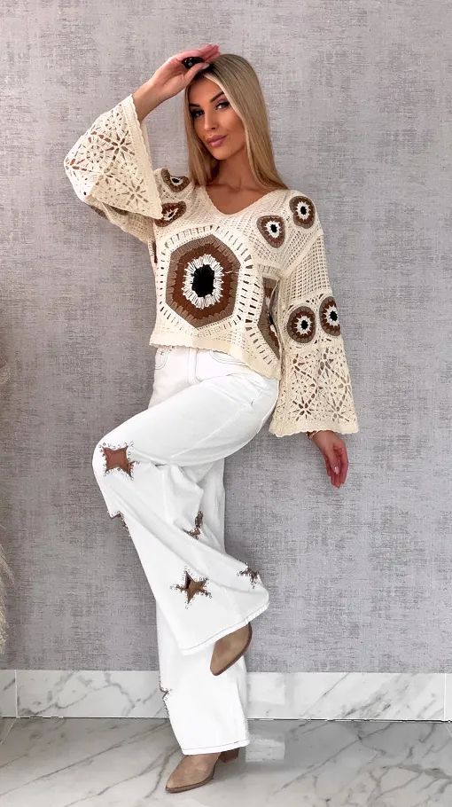 Mega modny ażurowy sweterek w szydełkowym stylu BEŻOWE odcienie - R659A