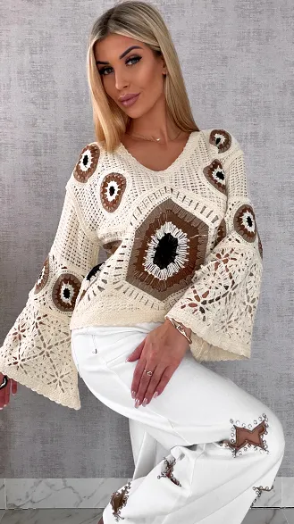 Mega modny ażurowy sweterek w szydełkowym stylu BEŻOWE odcienie - R659A