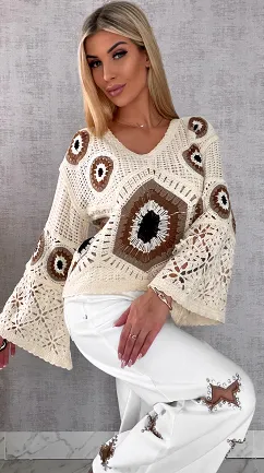 Mega modny ażurowy sweterek w szydełkowym stylu BEŻOWE odcienie - R659A