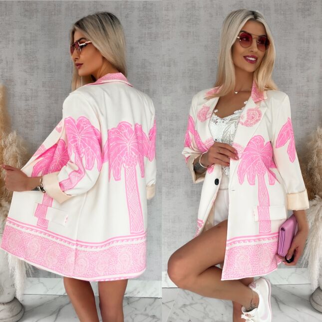 Świetna marynarka ecru w różowe palmy OVERSIZE - R889