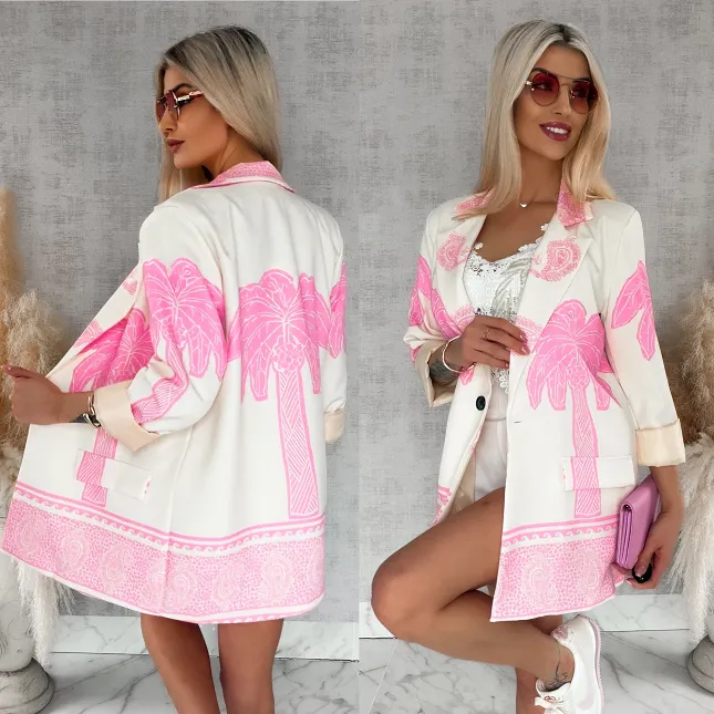 Świetna marynarka ecru w różowe palmy OVERSIZE - R889