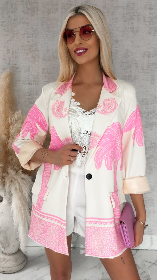 Świetna marynarka ecru w różowe palmy OVERSIZE - R889