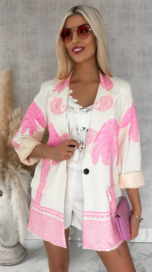 Świetna marynarka ecru w różowe palmy OVERSIZE - R889