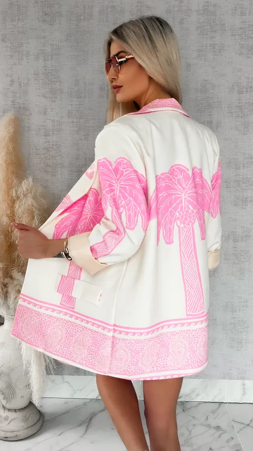 Świetna marynarka ecru w różowe palmy OVERSIZE - R889