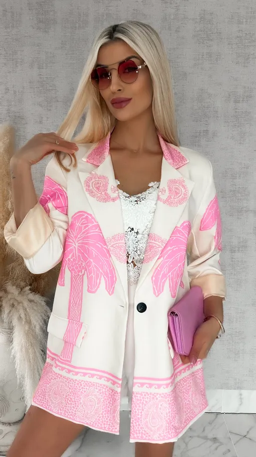 Świetna marynarka ecru w różowe palmy OVERSIZE - R889