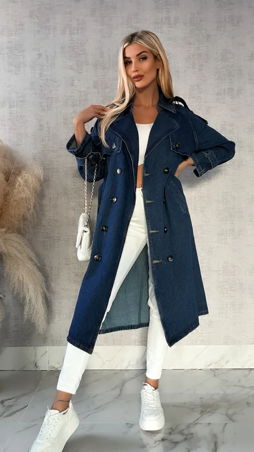 Jeansowy TRENCZ płaszcz na wiosnę DARK BLUE - R159