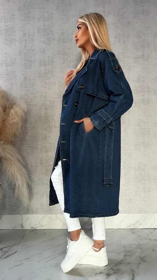 Jeansowy TRENCZ płaszcz na wiosnę DARK BLUE - R159