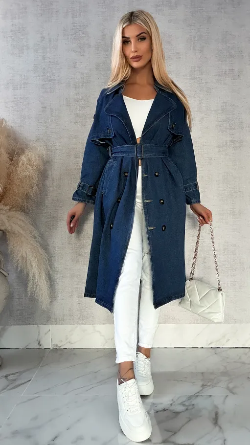 Jeansowy TRENCZ płaszcz na wiosnę DARK BLUE - R159