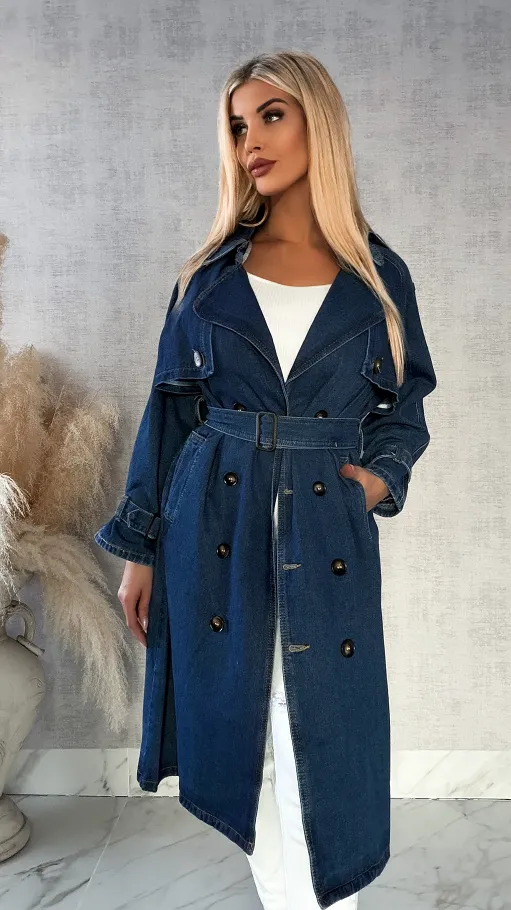 Jeansowy TRENCZ płaszcz na wiosnę DARK BLUE - R159