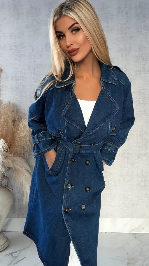 Jeansowy TRENCZ płaszcz na wiosnę DARK BLUE - R159