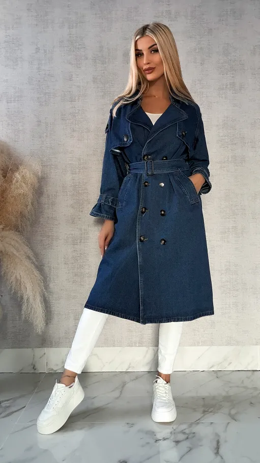 Jeansowy TRENCZ płaszcz na wiosnę DARK BLUE - R159