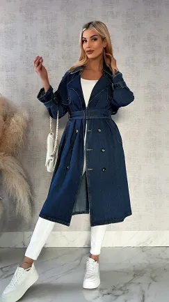 Jeansowy TRENCZ płaszcz na wiosnę DARK BLUE - R159