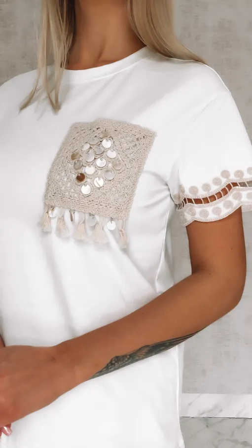 Biała bawełniana bluzka w stylu boho ONE SIZE t-shirt - R810