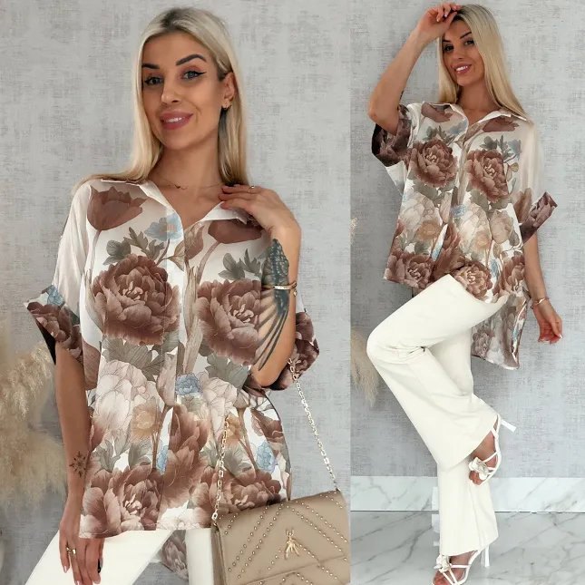 Asymetryczna koszula w brązowe kwiaty ONE SIZE - R897A