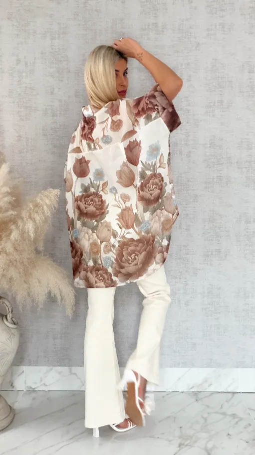 Asymetryczna koszula w brązowe kwiaty ONE SIZE - R897A