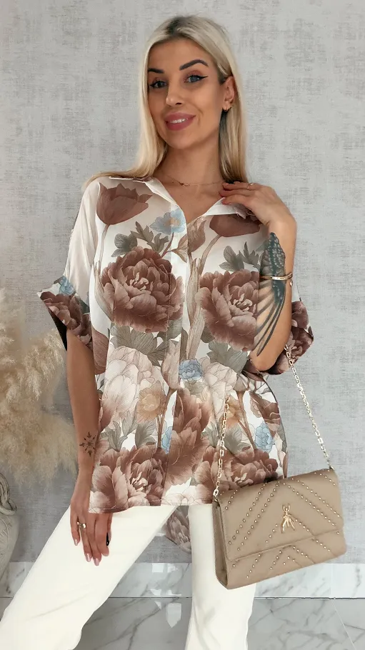 Asymetryczna koszula w brązowe kwiaty ONE SIZE - R897A