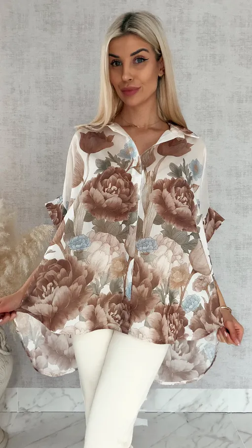 Asymetryczna koszula w brązowe kwiaty ONE SIZE - R897A