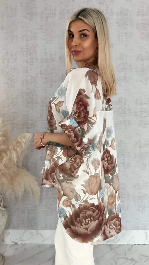 Asymetryczna koszula w brązowe kwiaty ONE SIZE - R897A