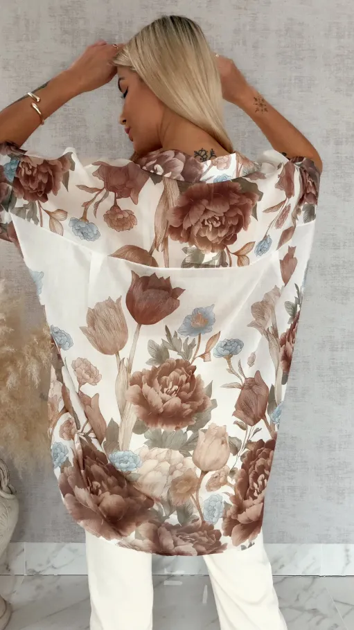 Asymetryczna koszula w brązowe kwiaty ONE SIZE - R897A