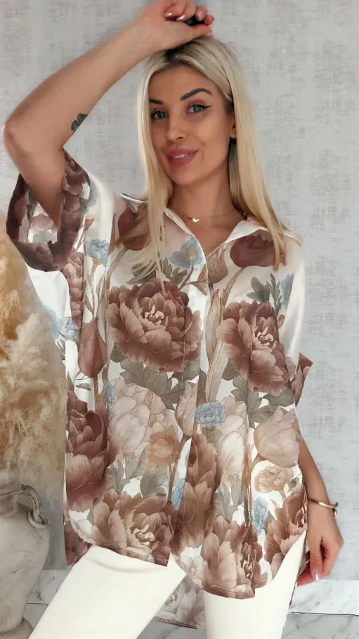 Asymetryczna koszula w brązowe kwiaty ONE SIZE - R897A