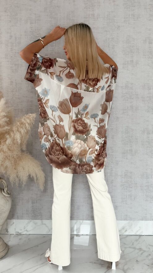 Asymetryczna koszula w brązowe kwiaty ONE SIZE - R897A